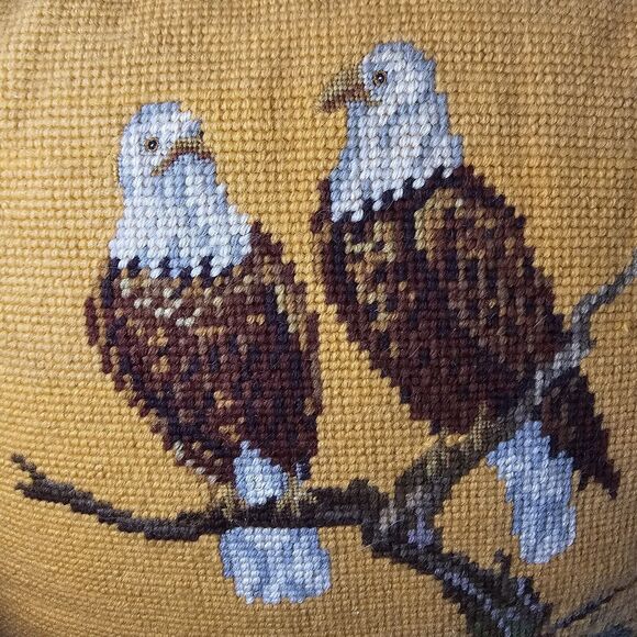 Vintage Bald Eagle Family Needlepoint Petit Point Pillow Gold Velvet Americana - Picture 3 of 9
